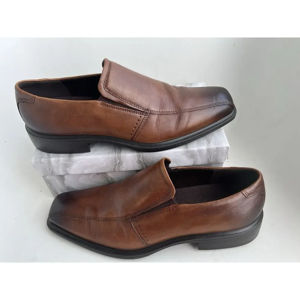ECCO Minneapolis Slip On Leather Loafers Square Toe Comfort Shoes Brown Size 8
